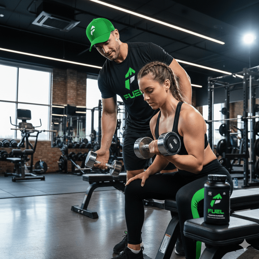 Fitness coach training a client with branded supplement bottle